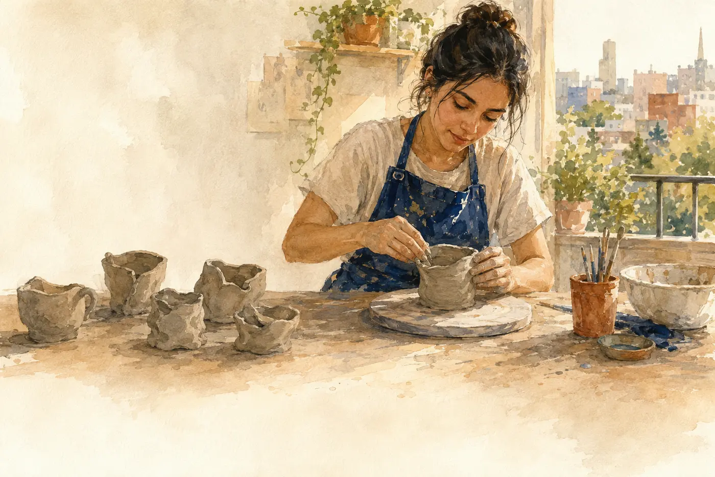 Alfarera moldeando barro en su taller