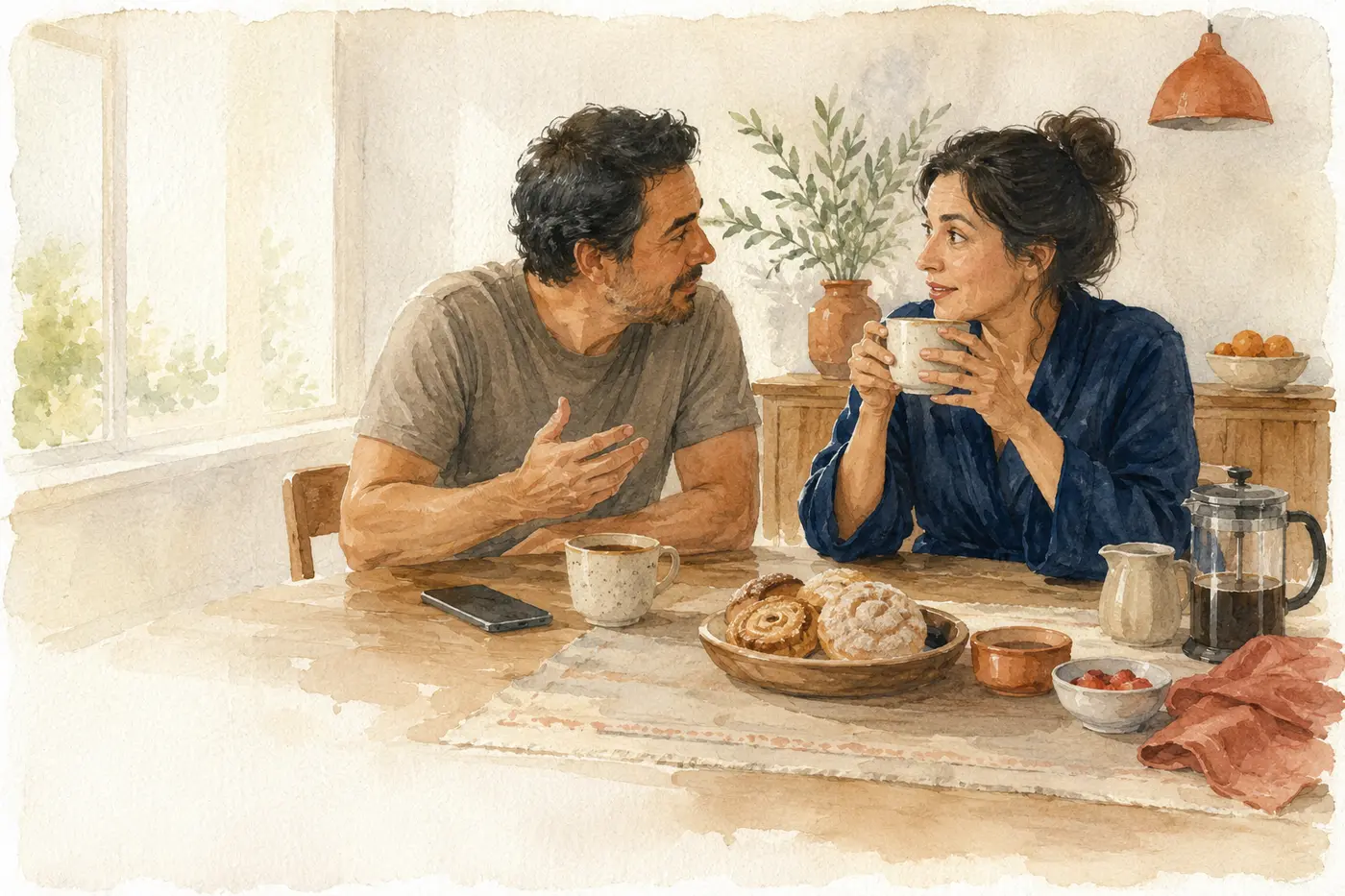 Pareja desayunando pan dulce y platicando