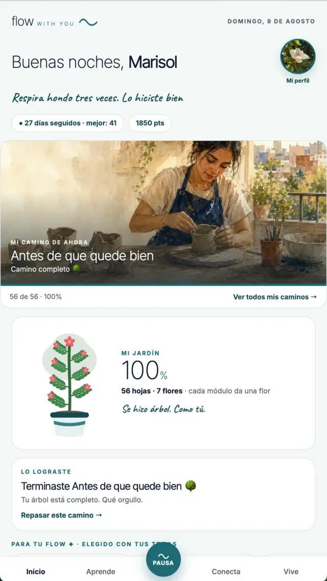 Inicio de Flow: saludo, racha de 27 días y camino en curso